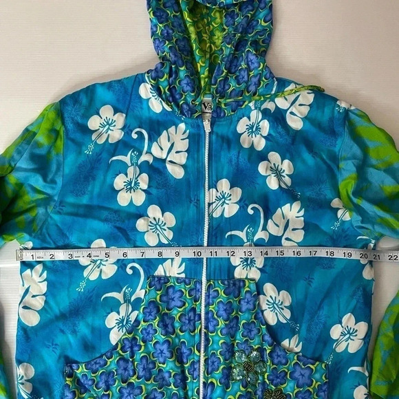 3 FOR $15 VTG Vanity Blue Green Mixed Floral Print Lined Hooded Jacket Size S - Picture 7 of 9